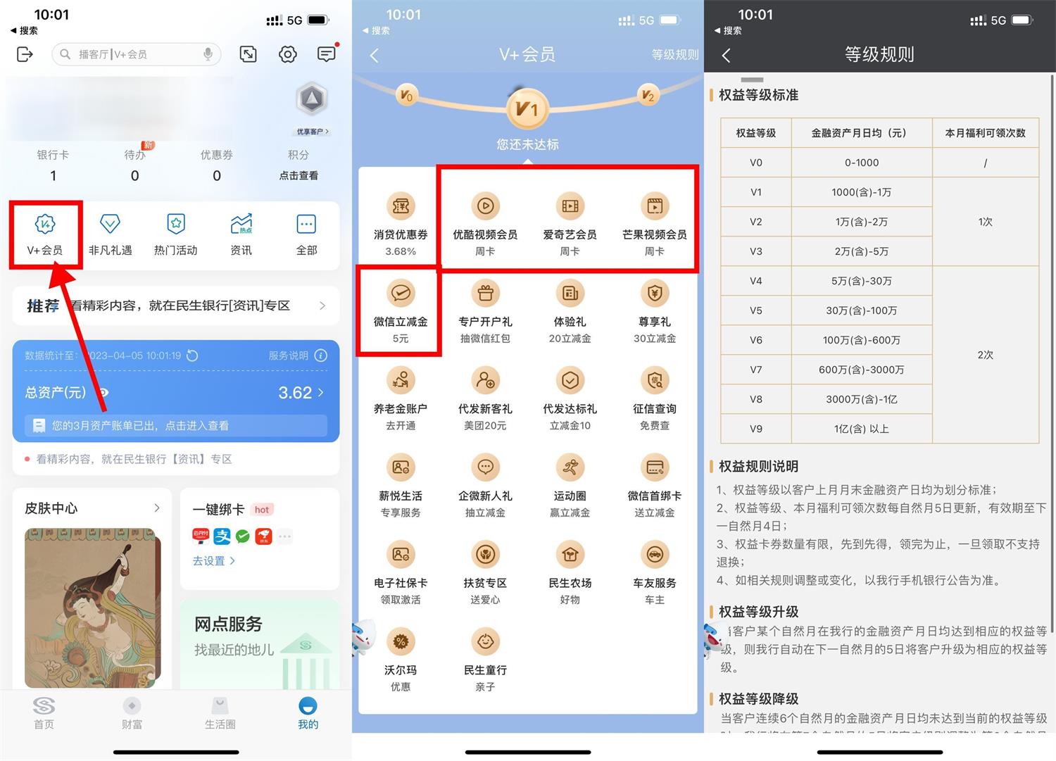 民生银行活动V+会员领微信立减金或视频会员